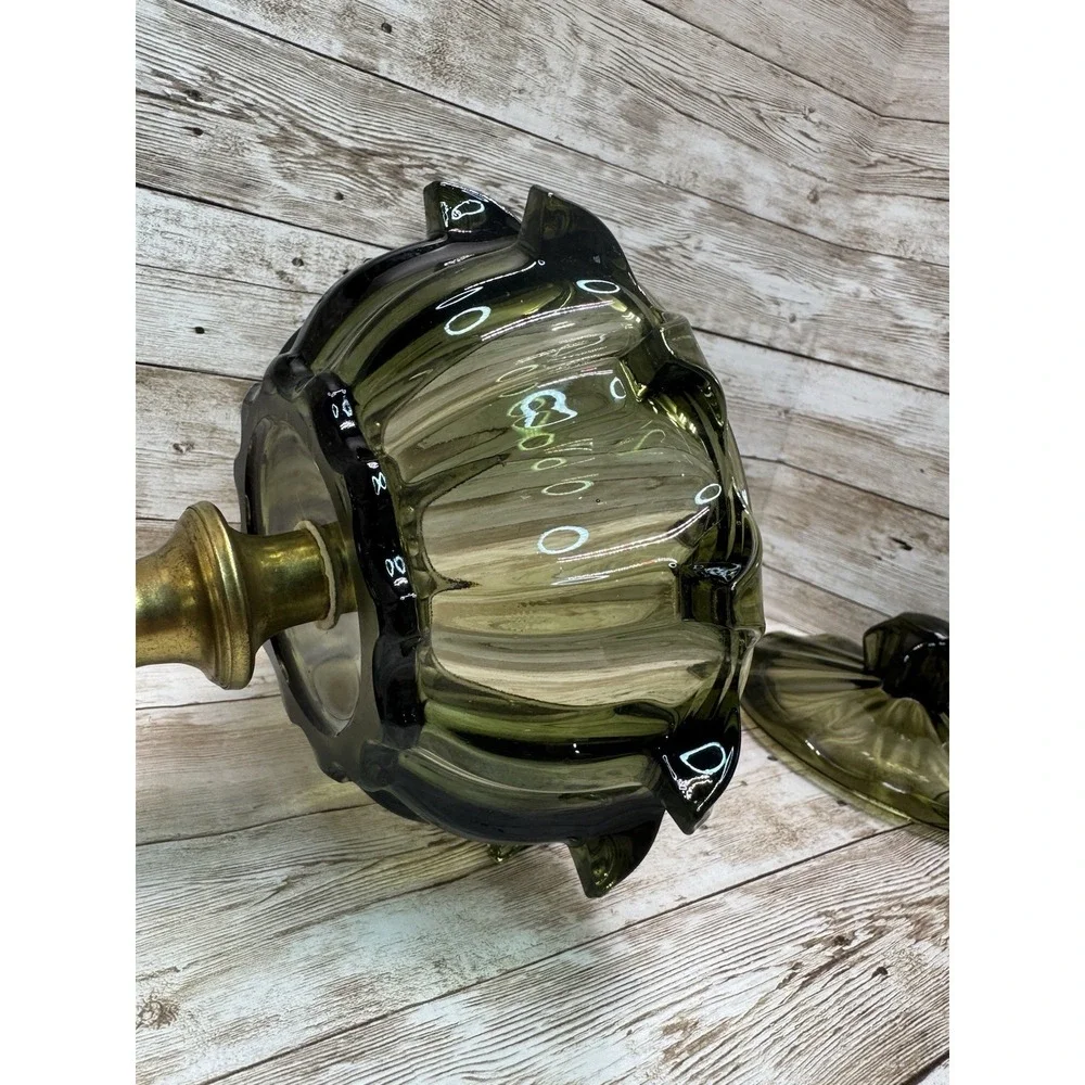 VTG 1970s Avocado Glass Candy Dish Lid Metal Pedestal Rare Hollywood Regency